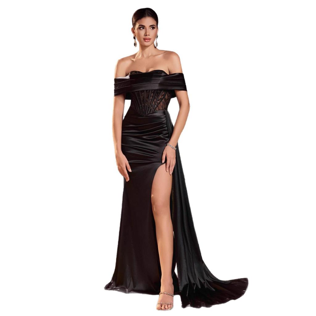 Hot-selling European and American elegant one-shoulder evening dress, satin lace waist split sexy dinner party dress