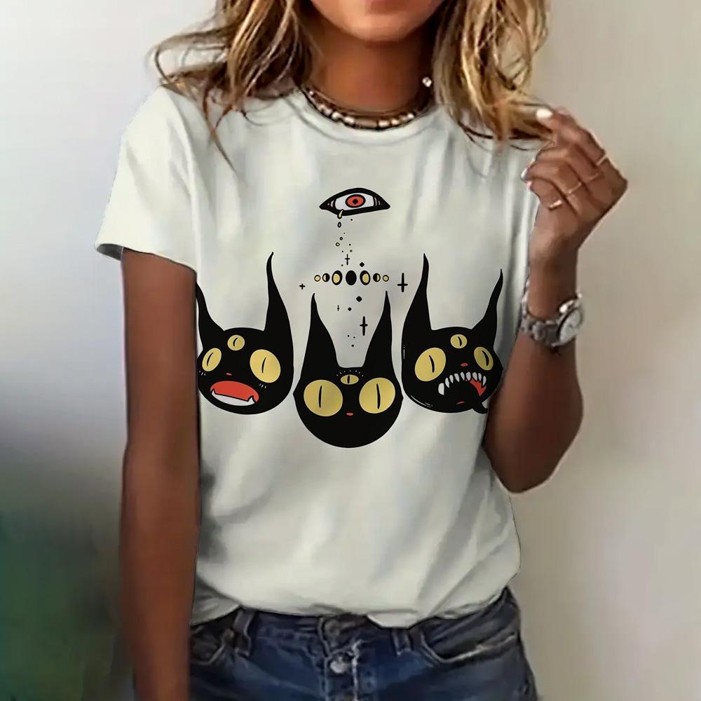 Женская футболка, летняя, с круглым вырезом, коротким рукавом, с рисунком кошки, топ, костюм на Хэллоуин, модная, свободная, с коротким рукавом, женская футболка 2024