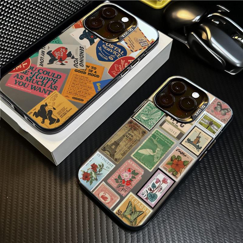 Stylish Stamp Patchwork Phone Case For Iphone 17 16 15 14 13 12 11 Pro Max Anti-Drop Phone Cover Case Funda Bumber 16 Pro