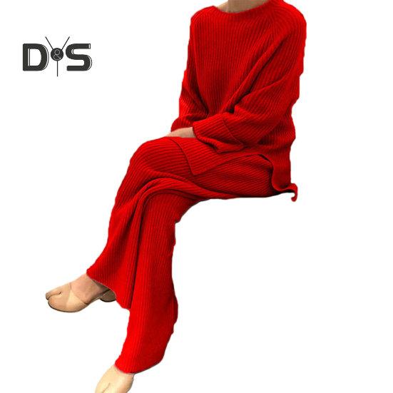 Женский комплект из 2 шт./компл., свитер, брюки, вязаный эластичный круглый вырез, свободный, с широкими штанинами, с эластичной резинкой на талии, толстый, мягкий, теплый, домашняя одежда, одежда для сна, женская зимняя осень