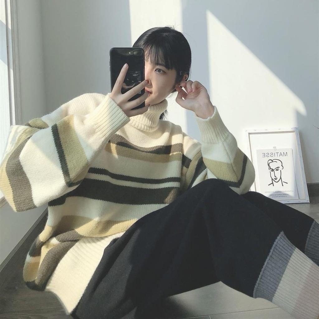 Autumn Winter High Collar Women's Sweater New Loose Pullover Sweaters Warm Stripe Vintage Sweater