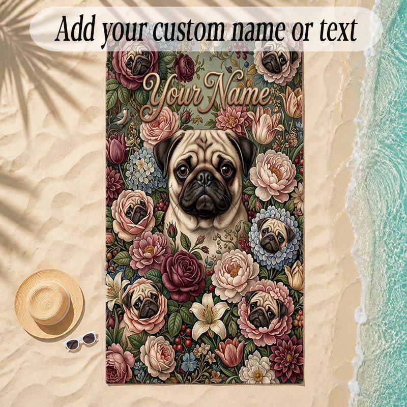 Pug Theme Soft Beach Towel Personalized Custom Name Text Towel Portable for Beach Pool Travel
