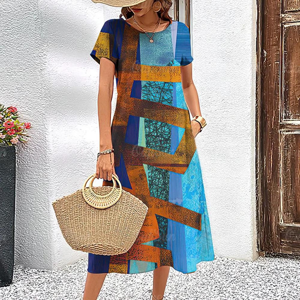 Летние платья с короткими рукавами, стильная женская одежда с контрастными цветами, длинное платье с принтом 3D Tie-Dye, женская одежда, свободный свитер с круглым вырезом
