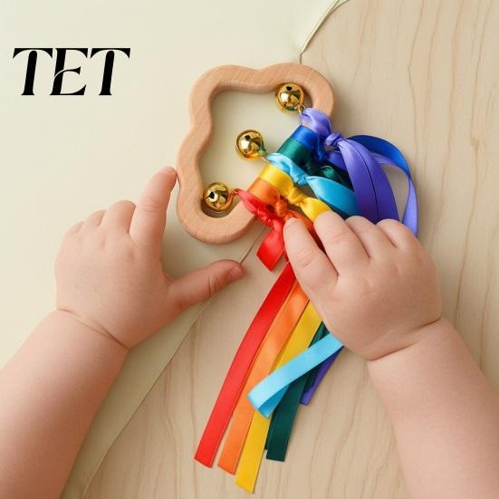 Toddler Motor Skills Wooden Baby Rattle Toy, Cloud Shape Teether Grasping Toy with Colorful Ribbons, Handheld Bell Shaker Sensory for Newborn, Infant