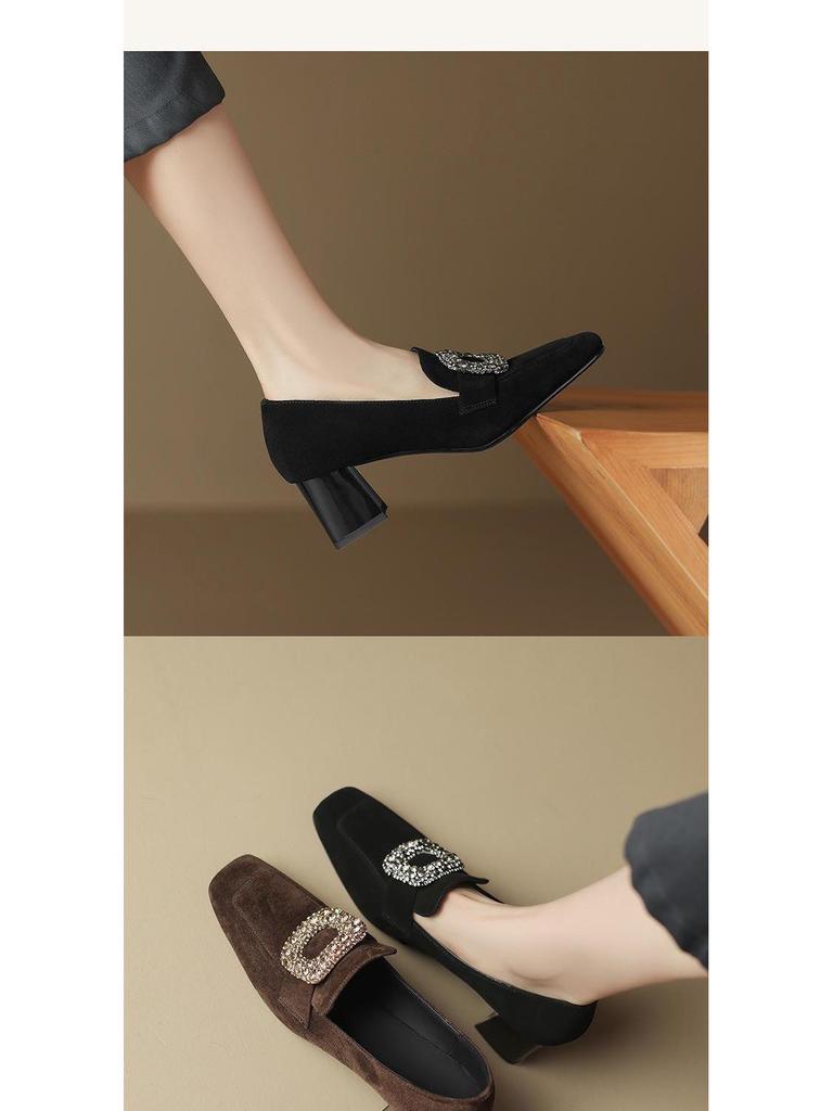 Women's Brown & Black Plush Lined Loafers: Velvet, Square Toe, Chunky Mid-Heel, Deep Mouth Design, Autumn/Winter.