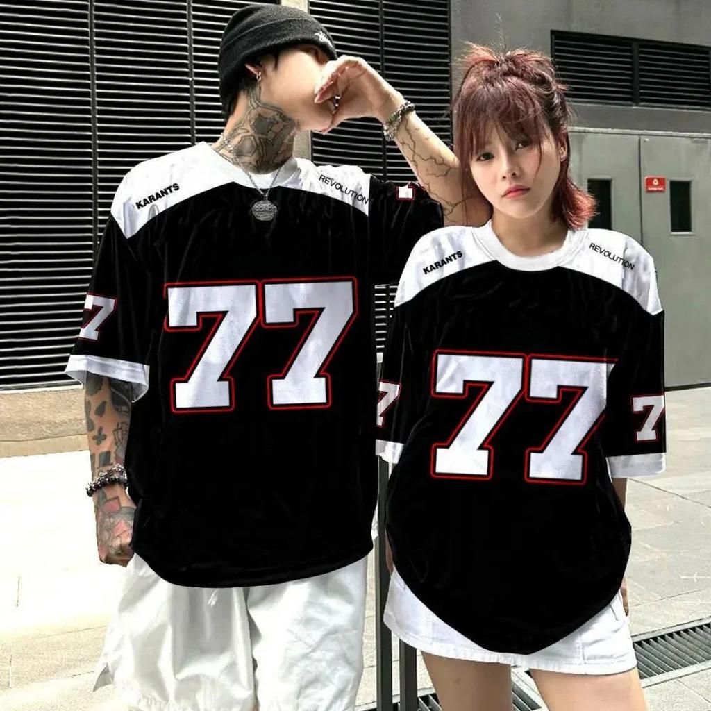 Summer Couple Number 77 Printed Short Sleeve T-shirt Harajuku Plus Size Casual Shirt Round Neck Women's Street Top T-shirt