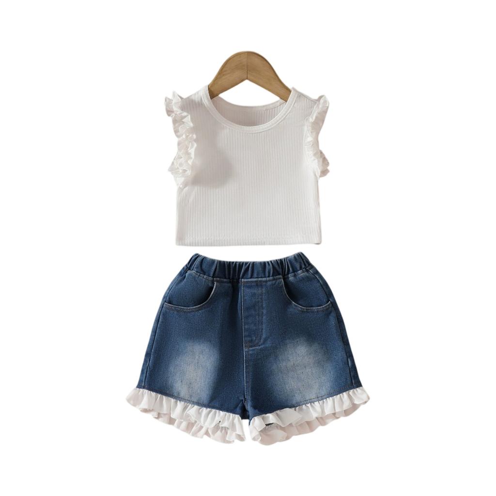 Летний комплект для девочек: топ без рукавов с оборками и джинсовые шорты