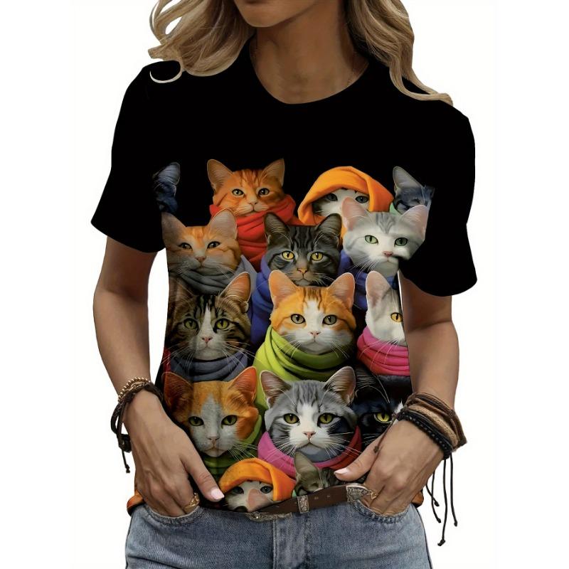 2024 Summer New Women's 3D Digital Printed T-shirt Creative Animal Pattern Round Neck Casual Short Sleeve Loose