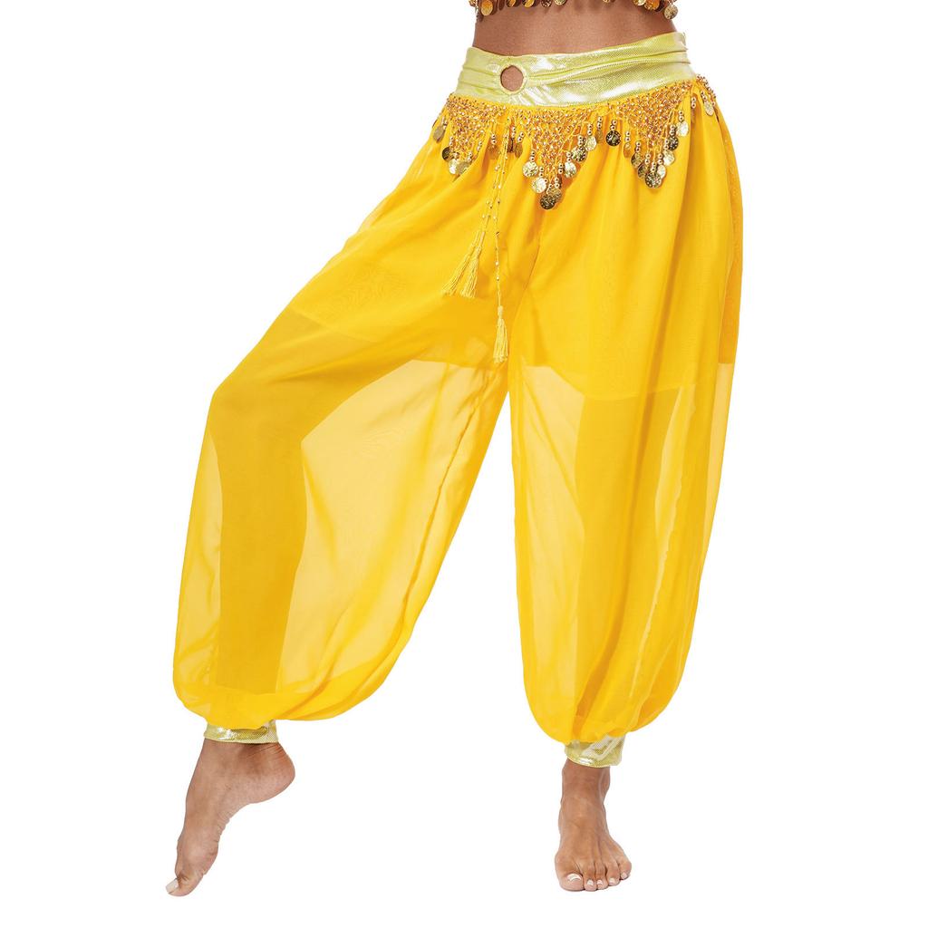 Belly Dance Bloomers for Women Halloween Carnival Costume Chiffon Tassel Beads Metallic Ruched Waist Side Split Pants