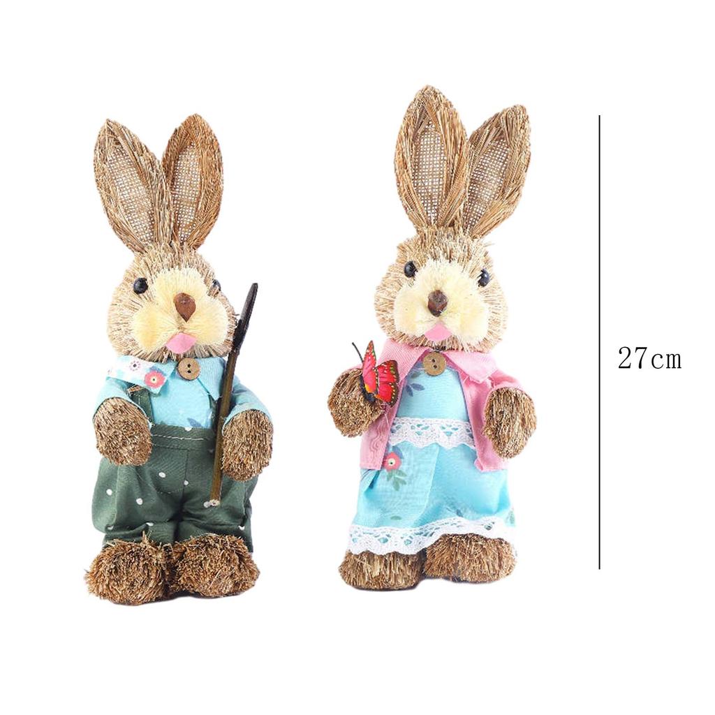 2x Artificial Straw Rabbit Souvenir Bunny Figurine Easter Straw Bunny Ornaments for Easter Holiday Party Household Decoration