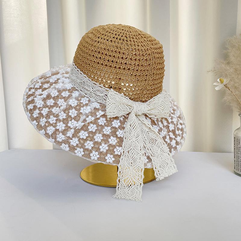 Летняя кружевная шляпа от солнца с цветочным бантом и ажурным узором, детская, для отпуска, пляжная, для фото, для пожилых, соломенная шляпа