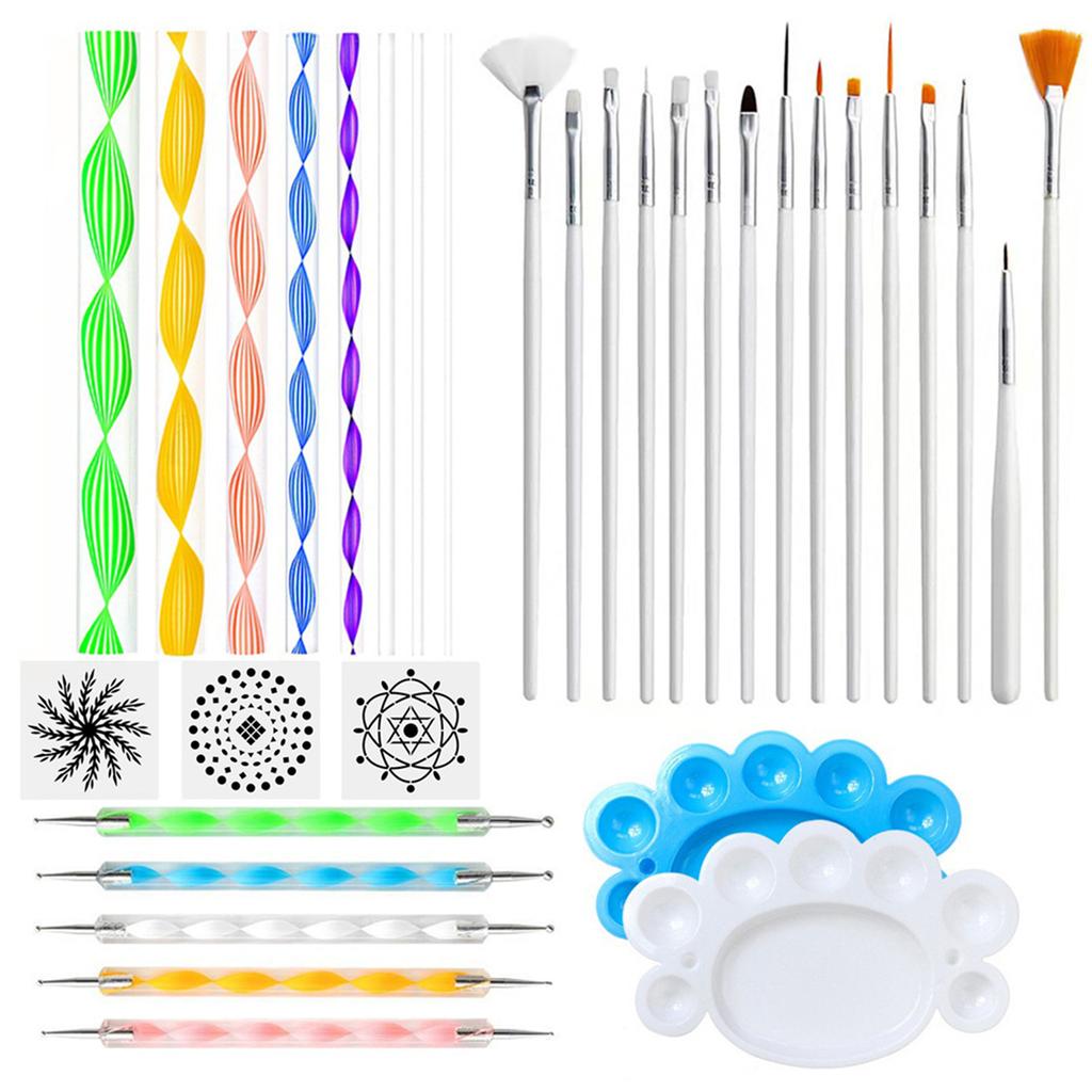 Набор из 33 инструментов для нанесения точек на мандалу с трафаретами для рисования, кистью, поддоном для краски для холста, камня, рисования ногтей
