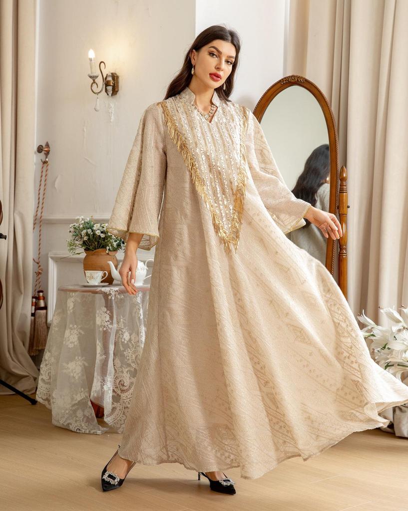 AB320 Tulle Embroidered Sequined Muslim Evening Dress - Arabic Dubai Style Robe for Middle Eastern Women
