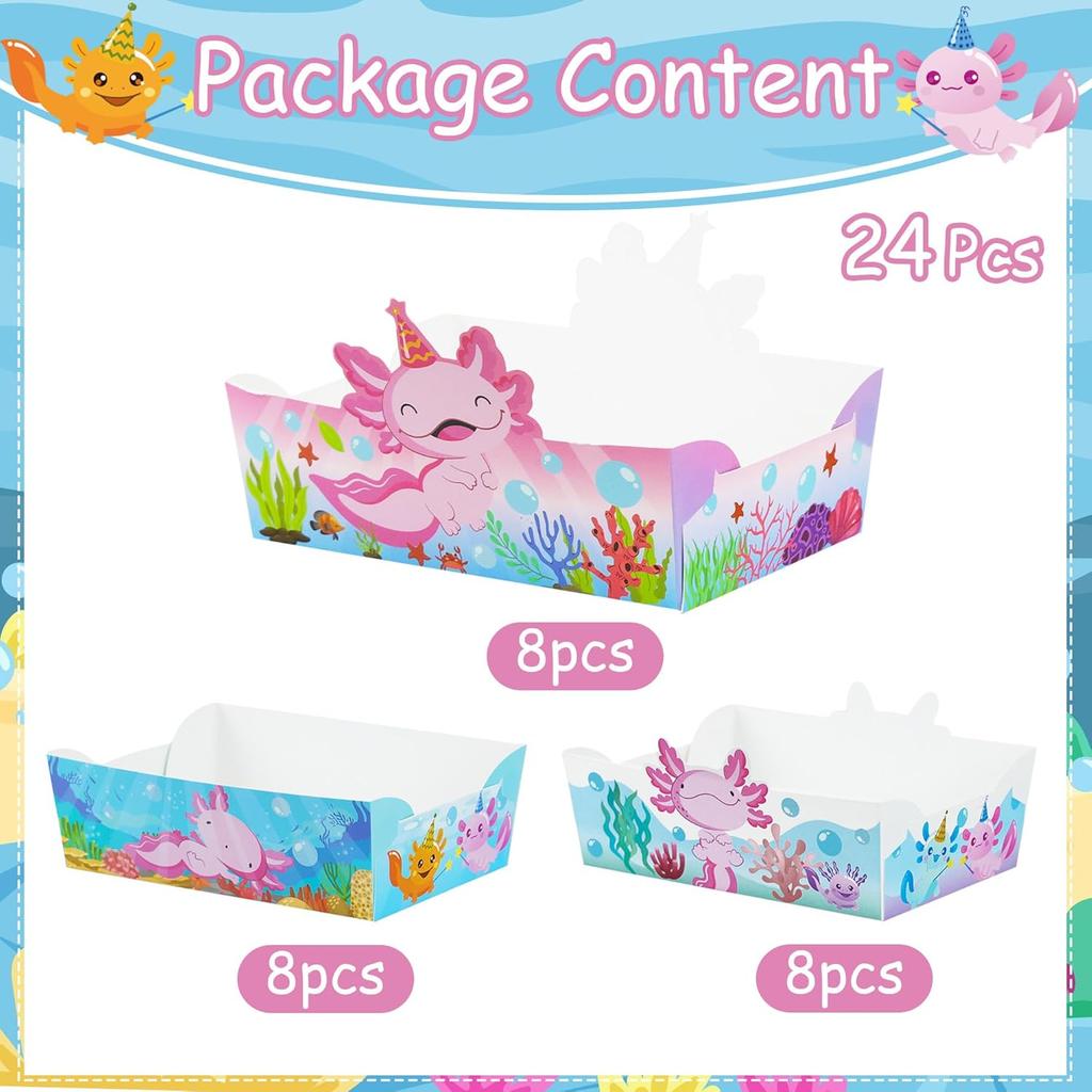 GLURUITE 24 Pcs Axolotl Party Paper Food Trays Disposable Axolotl Shaped Serving Boat Snack Bowls for Baby Shower Birthday Party Supplies Favors