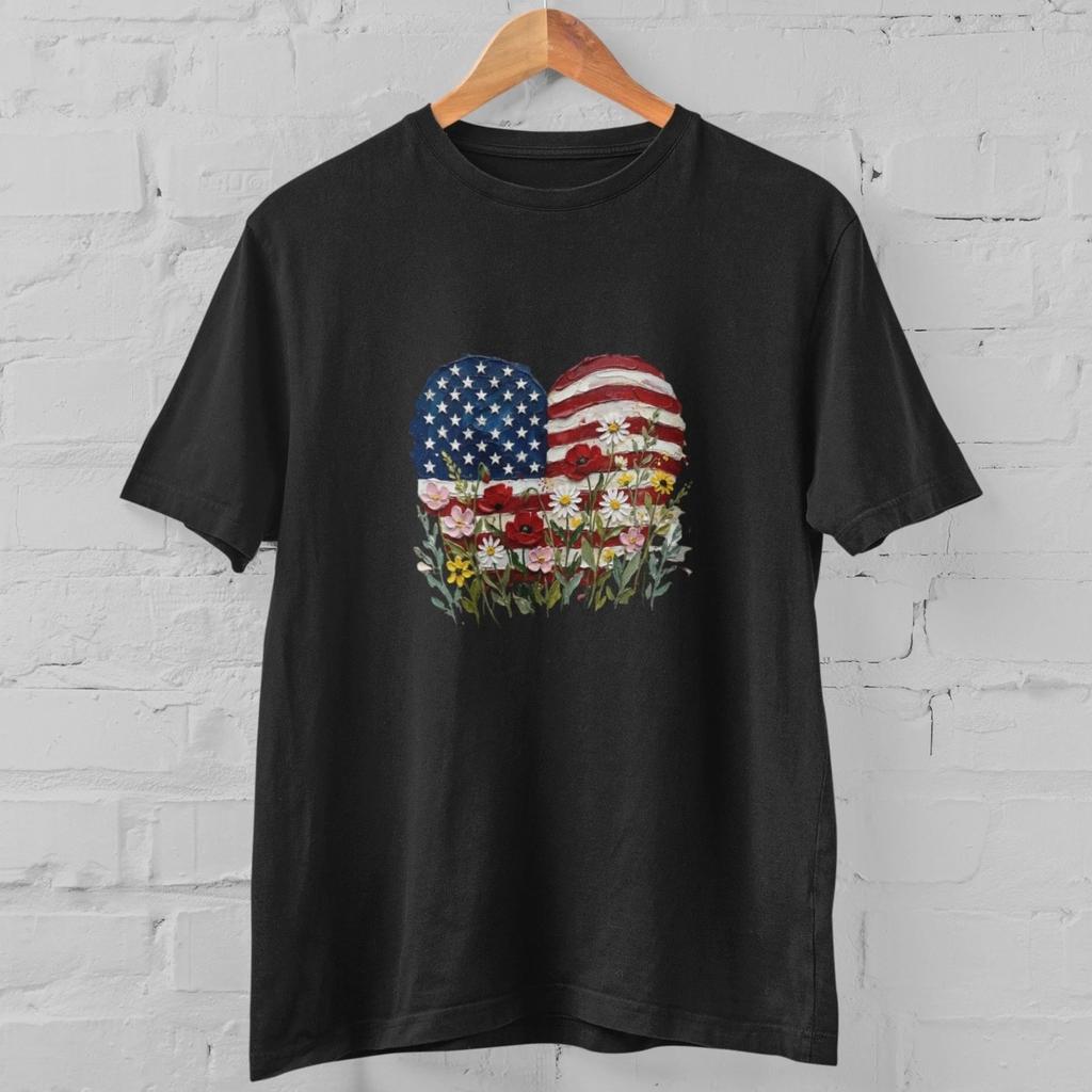 Patriotic USA Flag Heart Floral T Shirt American Pride Wildflower Tee Gift