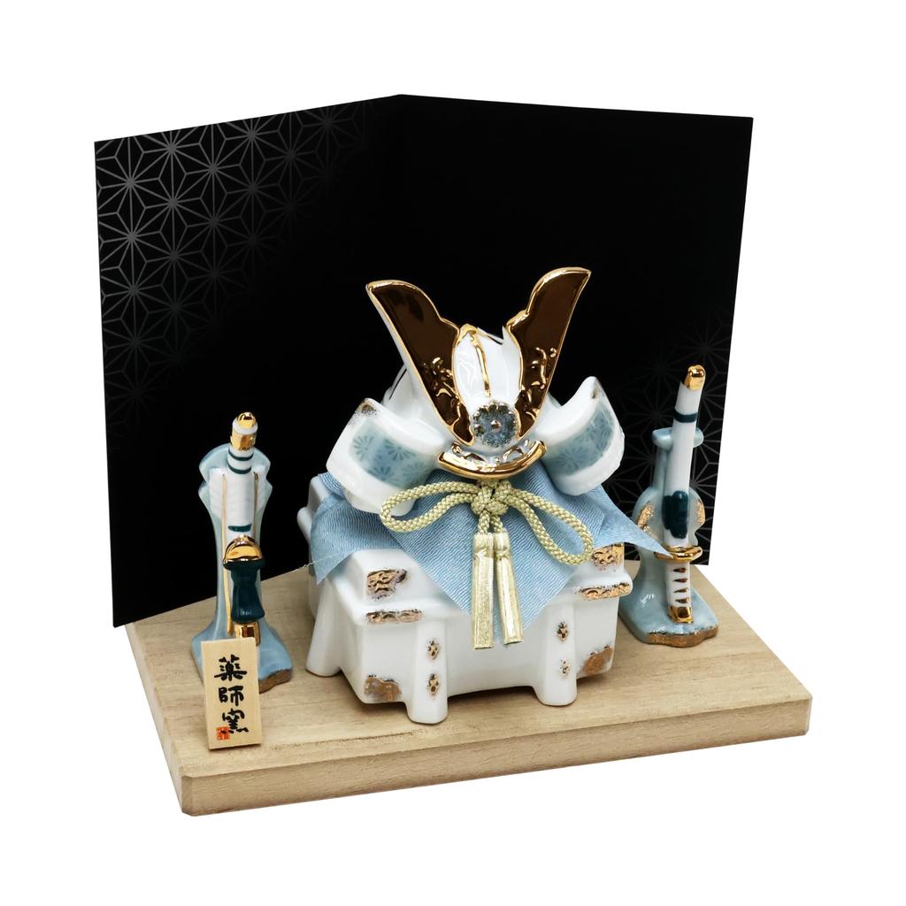 Осака Чосейдо Май Кукла Шлем Компактный Мини День Успеха Белый и с Черным Экранным Украшением, Шлем, Мальчишеская Церемония, Керамика, Шлем, Индиго,