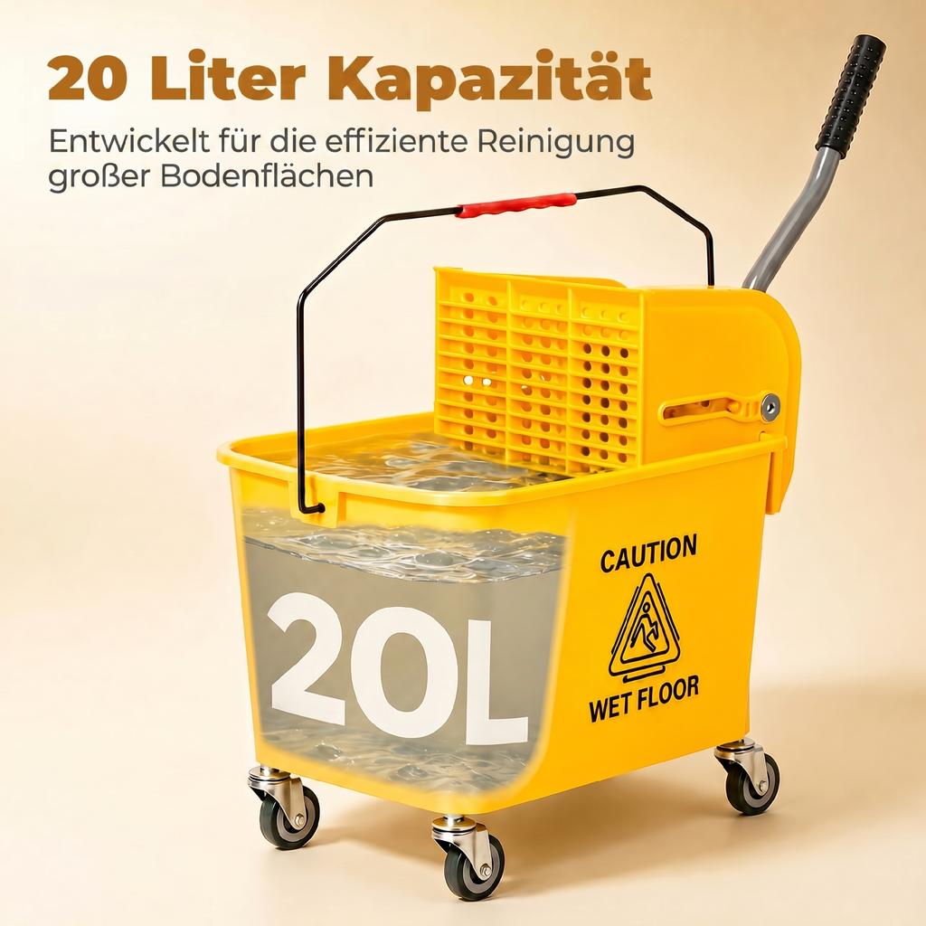 20L Compact Mop Bucket on Wheels, with Water Separation Panel - Yellow