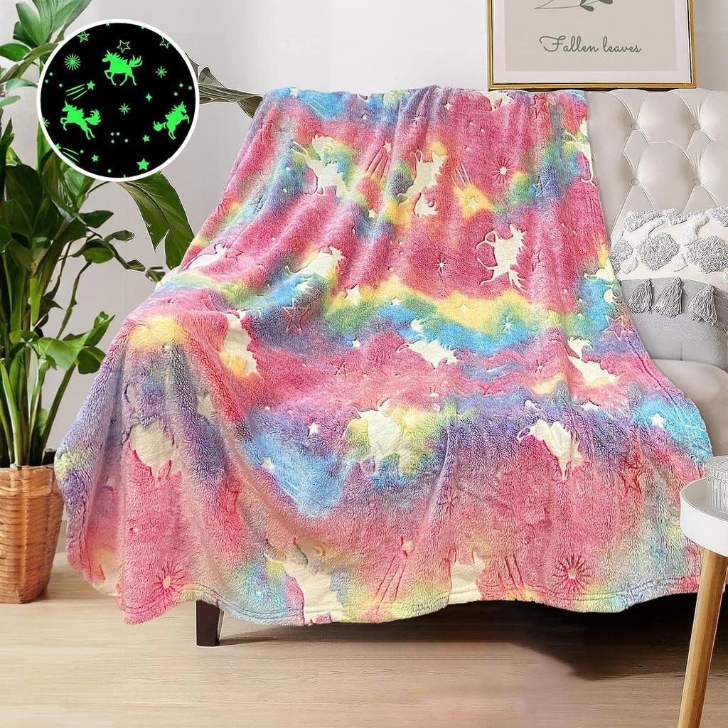 Glow In The Dark Unicorn Flannel Throw Blanket Rainbow Tie Dye Star Pattern Soft Blanket for Kids Bedroom Home Decor