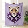 Leopard Face with Purple Floral Design Patterned blanket, flannel, suitable for all seasons, home decor, warm and cozy