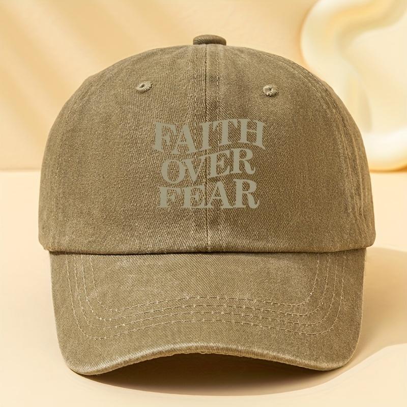 FAITH OVER FEAR Letter Printed Washed Baseball Cap Outdoor Adjustable Mens Baseball Cap Vintage Style Polyester Fabric