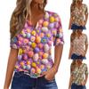 Женская модная повседневная футболка с v-образным вырезом и короткими рукавами с пасхальным принтом и декоративными пуговицами, топ