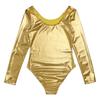 Womens Long Sleeve Shiny Metallic Gymnastics Dance Leotard Stage Performance Jumpsuit