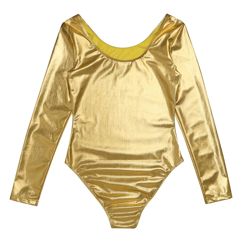 Womens Long Sleeve Shiny Metallic Gymnastics Dance Leotard Stage Performance Jumpsuit