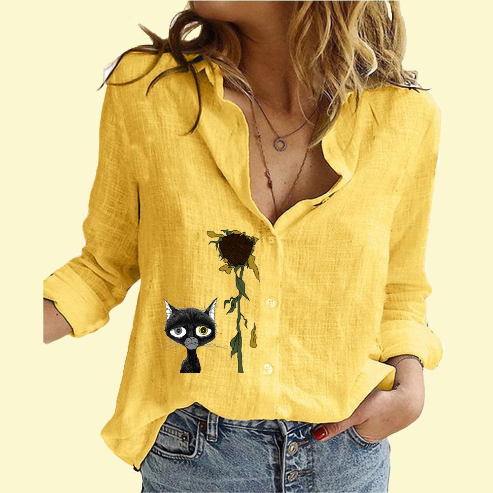 Женская модная рубашка на пуговицах, повседневная, тонкая, с длинным рукавом, женская хлопковая льняная блузка с принтом кота