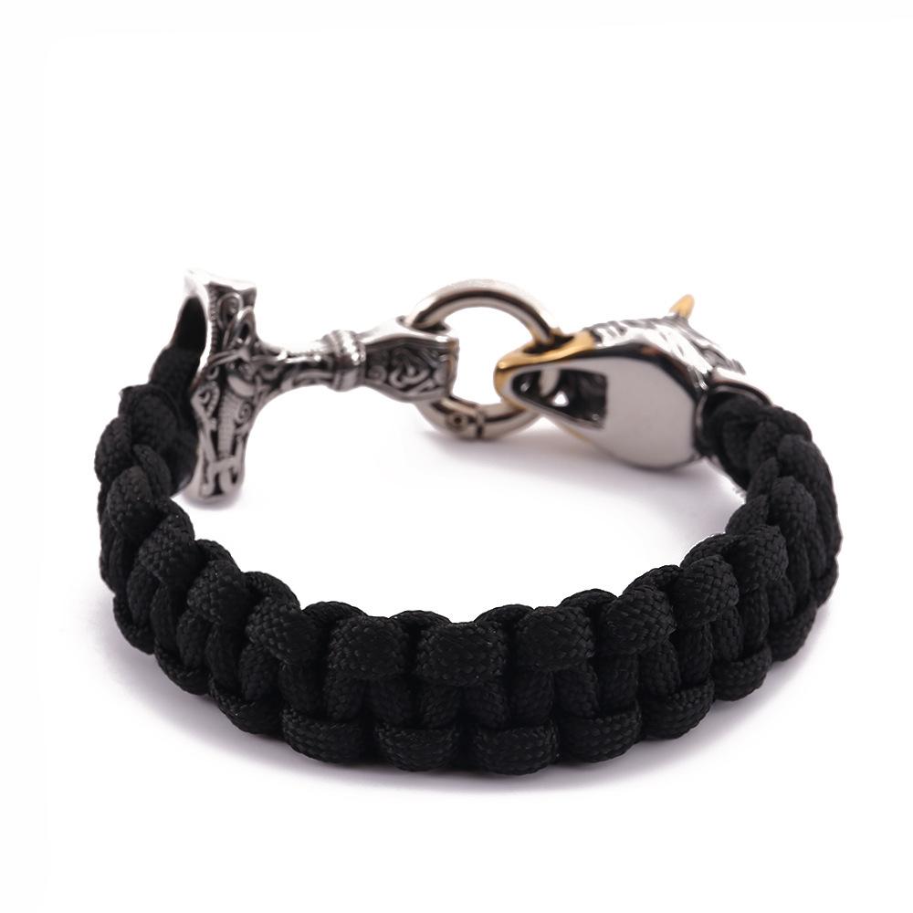 Нержавеющая сталь викинг голова волка молот Тора зонтик шнур браслет мужские ювелирные изделия 