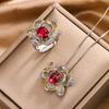 Womens Rose Jewelry Set Ruby Red Pendant Necklace Ring Elegant Bridal Party