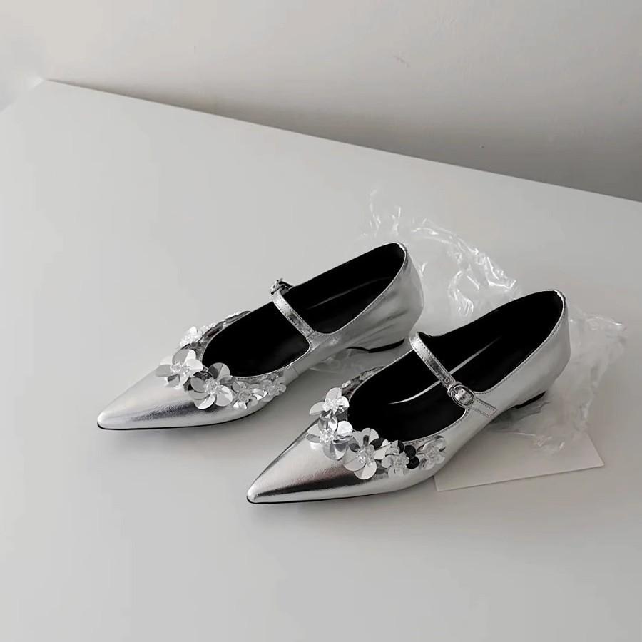 Pointed Silver Sequined Flower Mary Jane Women's Shoes One-word Buckle with Shallow Mouth French Inner Height Increase Single Shoes 2025 New