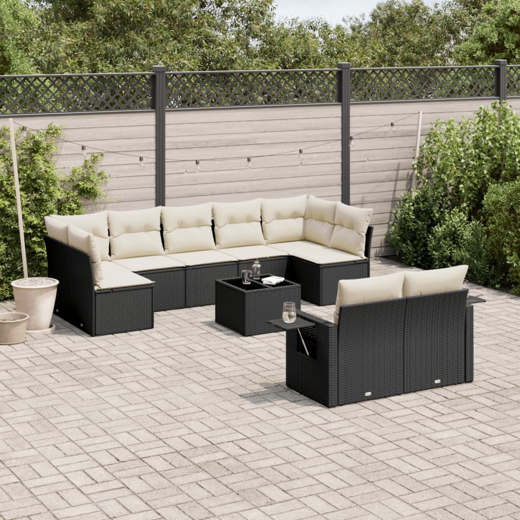10 piece Garden Sofa Set with Cushions Black PE Rattan