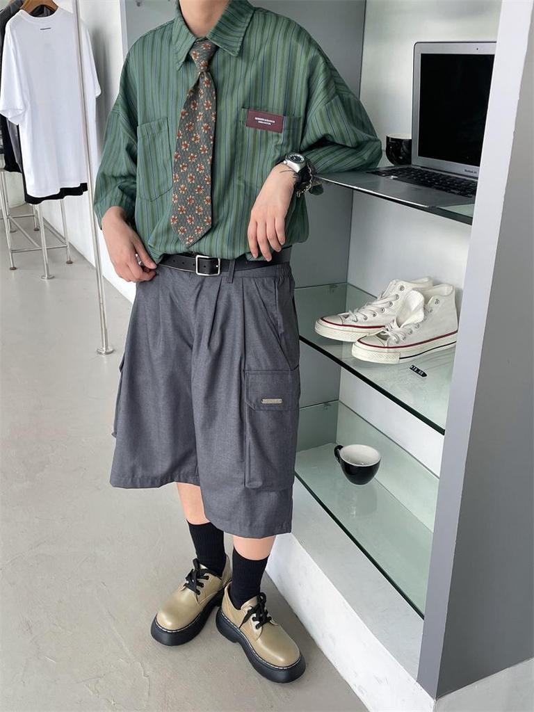 2023 Лето унисекс японский ретро полосатый лацкан короткий рукав модная рубашка