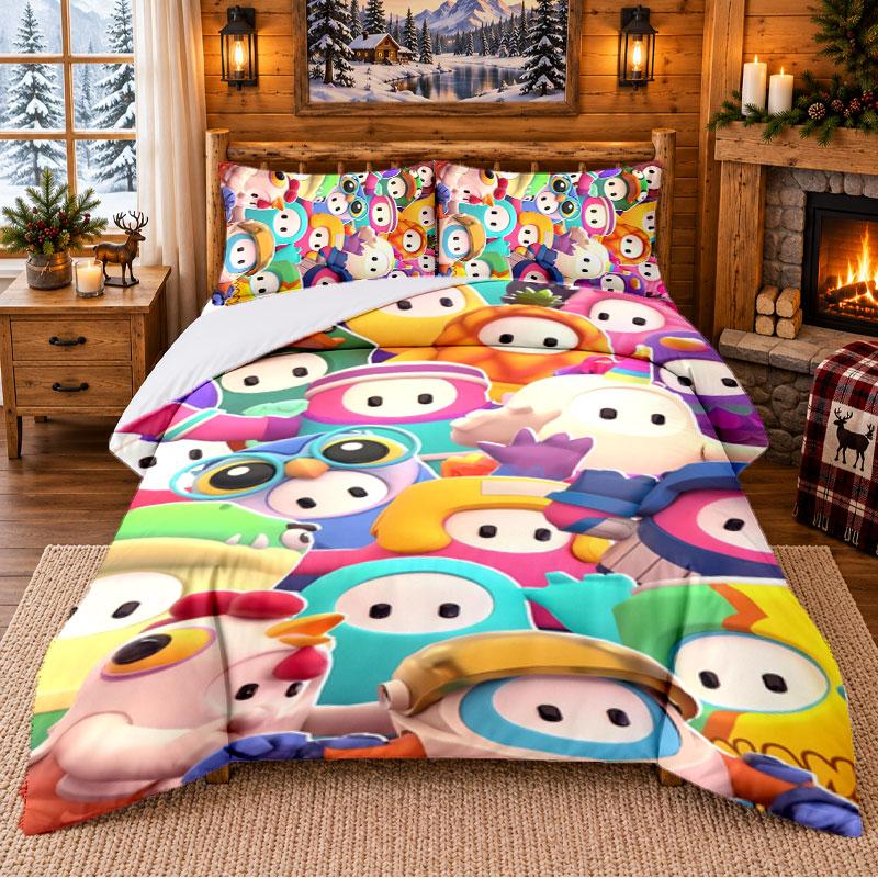 Fall Guys Pattern Bedding 3Pcs Set Bed Sheet And Pillowcases For Indoor Bedroom