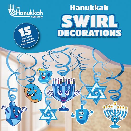Hanukkah Swirl Decorations - 15 Foil Swirls with Menorah, Dreidel and Star Cutouts - Blue and White Chanukah Decor