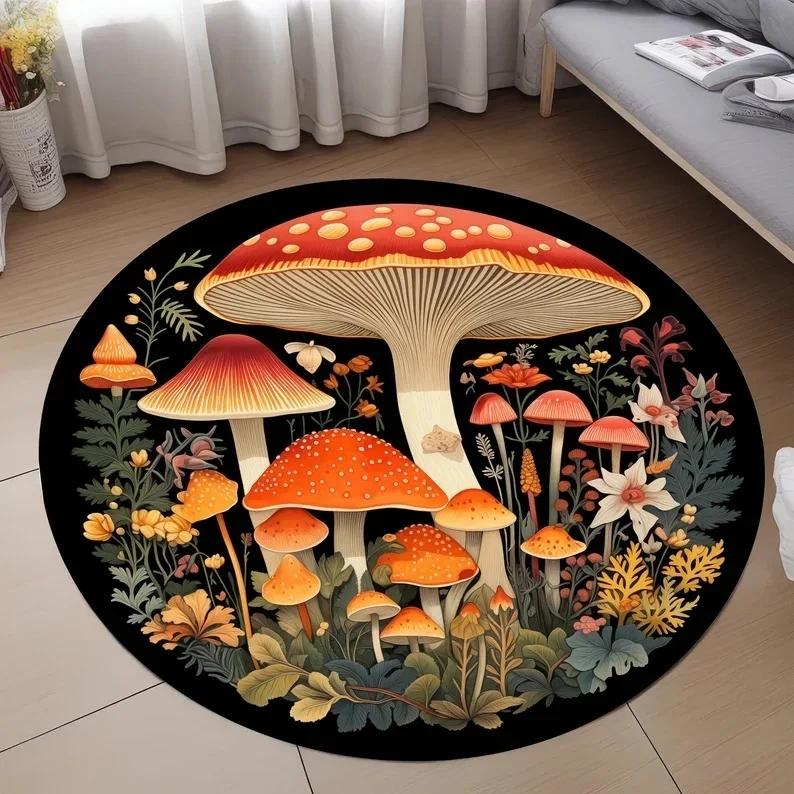 Enchanting Mushroom Round Floor Mat Big Mushrooms Lush Foliage on Dark Blue Soft Non-Slip Magical Room Home Decoration Carpet
