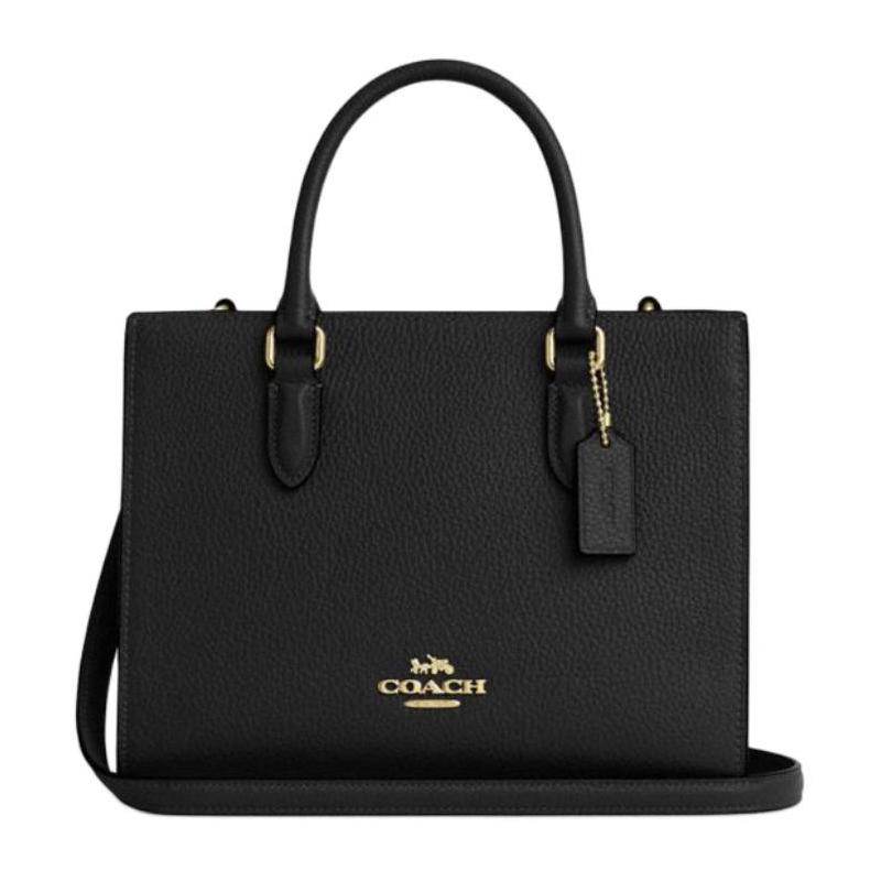 Coach Сумка-тоут Maggie 25 с золотым логотипом из фактурной кожи, сумка для покупок, через плечо, средняя, женская, черная