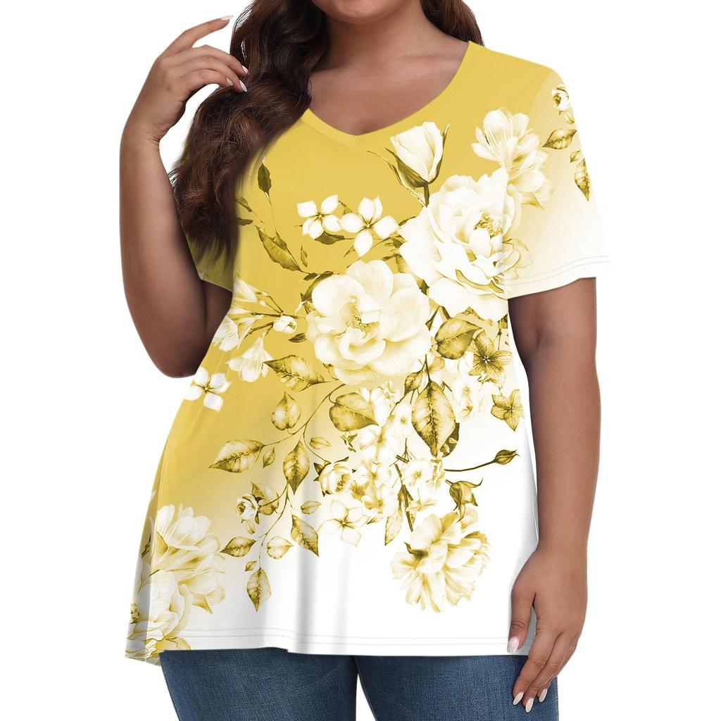Womens Plus Size Tops Short Shirts V Neck Casual Clothing 3D Printed Tops T-Shirts