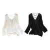 Women Knitting Hollow Design Tops V-Neck Straps Collar Long Sleeve Pullover Tops Solid Color