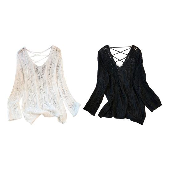 Women Knitting Hollow Design Tops V-Neck Straps Collar Long Sleeve Pullover Tops Solid Color