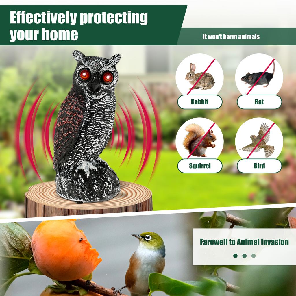 New Solar Owl Scare Bird Control Devices Waterproof Garden Fake Owl Deterrent Decoration With Scary Sound and Eyes Emit Light
