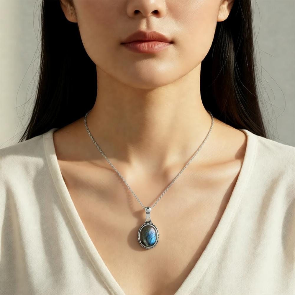 925 Sterling Silver Vintage Natural Labradorite Pendants Moonstone Oval 10*12MM Natural Stone Necklaces Gifts for Women Men