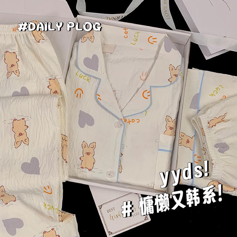 Летняя хлопковая пижама в клетку с цветочным принтом: Женский комплект из трех предметов с коротким рукавом в японском стиле - милая домашняя одежда в стиле интернет-знаменитостей.