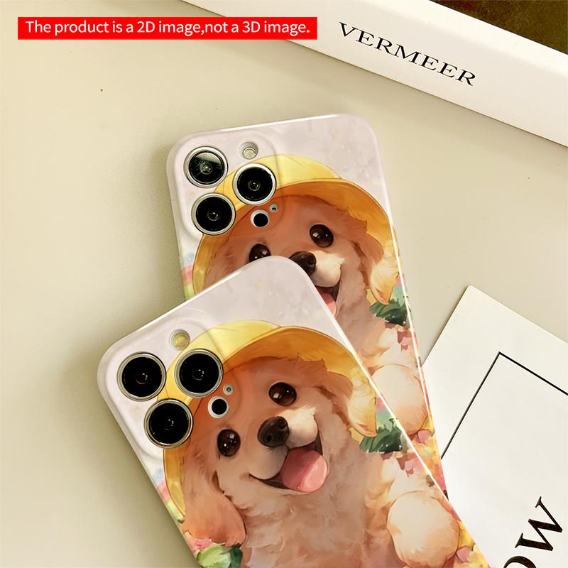2DFlat Happy Puppy in Yellow Hat Amid Flowers All inclusive film hard iPhone case, compatible with iPhone 18 Pro Max 17 16 15 14 13 12 11