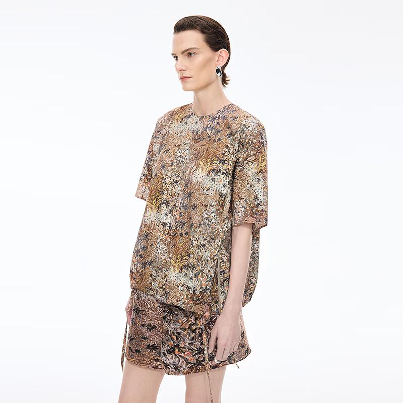 JNBY Women's Relaxed Fit Short Sleeve Round Neck Botanical Print Cotton Shirt
