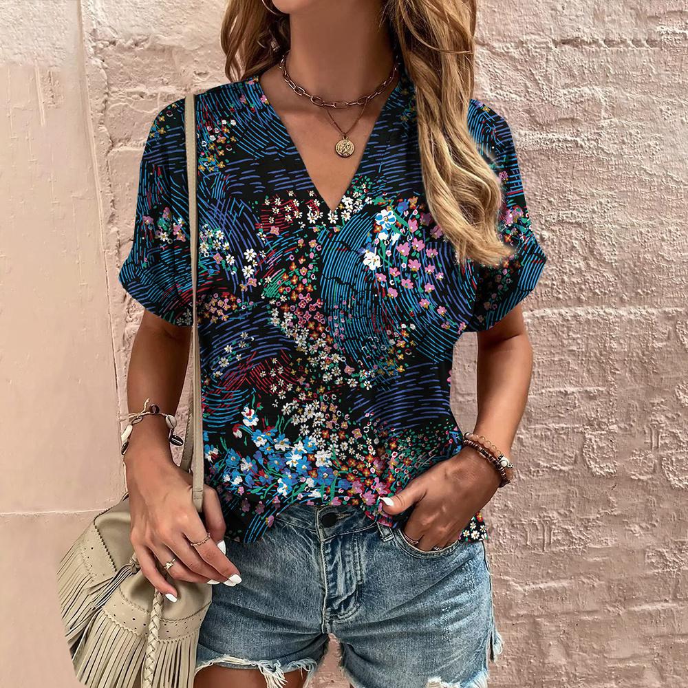 Retro Print Women's T Shirt Classic Floral Tees For Ladies Summer V-Neck Short Sleeve Tops Female Oversized Clothes Daily Blouse