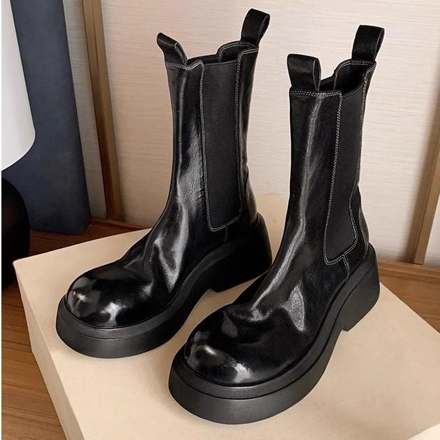 Виноградная Мама Западные Челси Сигаретные Ботинки Женские Ретро Потертые Средней Длины Эластичные Ботинки Маленькие Толстоподошвенные Ботинки на Высокой Платформе