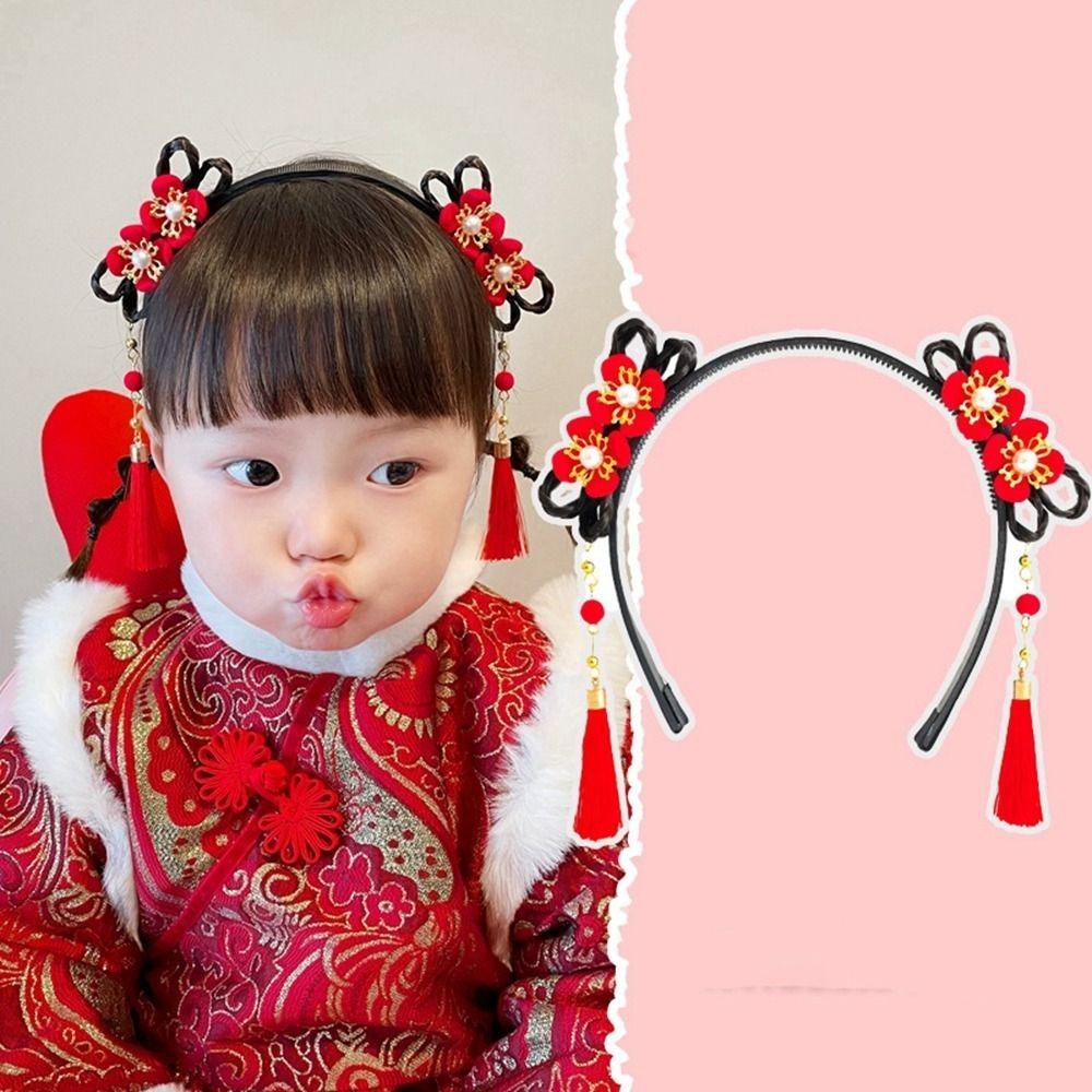 Braid Hair Children Wig Headband Flower Hanfu Hair Sticks Simple Red Bow Hairband Baby