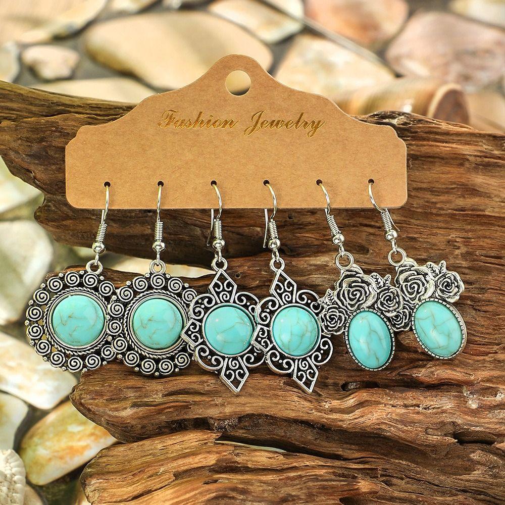 3 пары серебряных сережек-подвесок, резные серьги-подвески, винтажные бирюзовые серьги, комплект для женщин