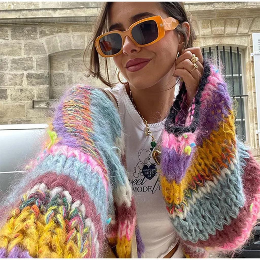 Women Cardigan Sweater Colorful Striped Knitted Coats Long Sleeve Knitwear Jackets Fall Winter Casual Versatile Cardigan